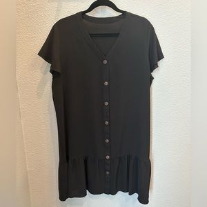 Buttoned up Black Dress, Tunic, Shirt Dress, Ruffled bottom
